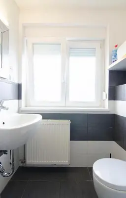 a bathroom with a white sink and two windows at Family Guesthouse GreenSLO in Ljubljana