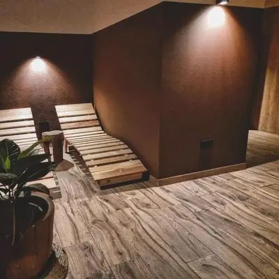 a room with two wooden chairs and a potted plant at Vila Koman Jezersko in Zgornje Jezersko