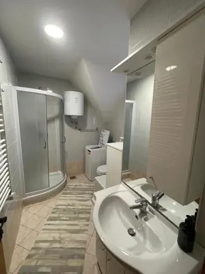 a bathroom with a sink and a shower and a toilet at Apartma Jelenček in Moravske Toplice