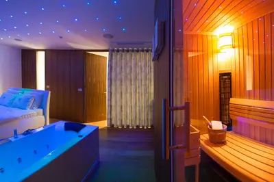 a bedroom with a tub and a bed in it at Villa EVA in Dobrovo
