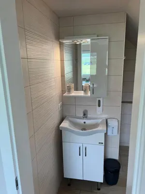 a bathroom with a sink and a mirror at Vila Lesce with heated outdoor pool in Lesce