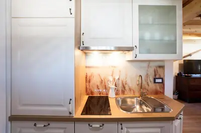 a kitchen with a sink and white cabinets at Barn House MM in Bled