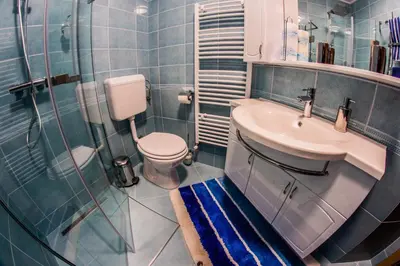 a bathroom with a toilet and a sink and a shower at Apartments BBI in Luče