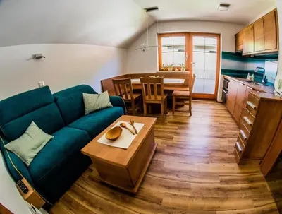 a living room with a blue couch and a table at Apartments BBI in Luče