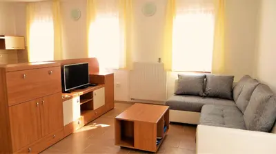 a living room with a couch and a tv at Holiday House Kanalec in Drežnica