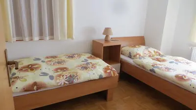 two twin beds in a bedroom with a lamp at Holiday House Kanalec in Drežnica