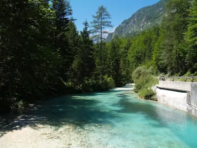 a river with a bridge and trees and water at Mountain View Apartments - Pr` Potovcn`k in Dovje