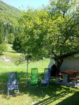 three chairs and a table under a tree at Apartma pod Rožem in Soča
