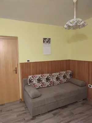 a couch sitting in a living room with a ceiling at Apartma pod Rožem in Soča