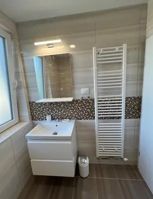 a bathroom with a white sink and a mirror at Guesthouse Avsenik in Begunje na Gorenjskem