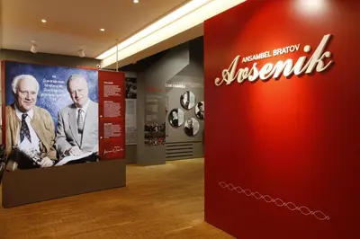 a museum exhibit with a poster of an older man at Guesthouse Avsenik in Begunje na Gorenjskem