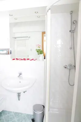 a white bathroom with a sink and a shower at Guesthouse Avsenik in Begunje na Gorenjskem