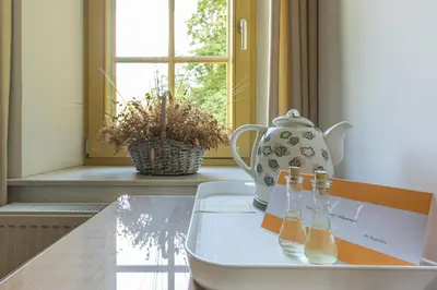 three bottles on a tray on a table with a tea pot at Boutique rooms Pri Rogovilcu in Solčava