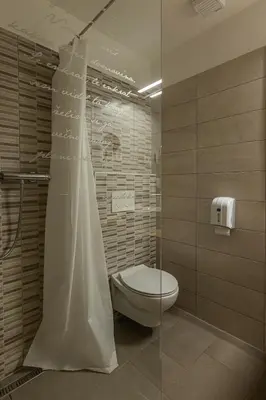 a bathroom with a toilet and a shower curtain at Boutique rooms Pri Rogovilcu in Solčava