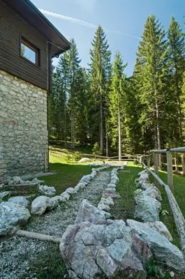 a stone path in front of a house with trees at Apartments Villa Vesna Pokljuka in Goreljek