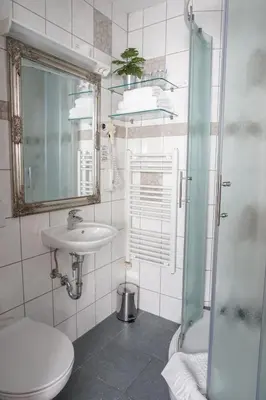 a bathroom with a sink and a toilet and a shower at Guest House Mlada lipa in Maribor