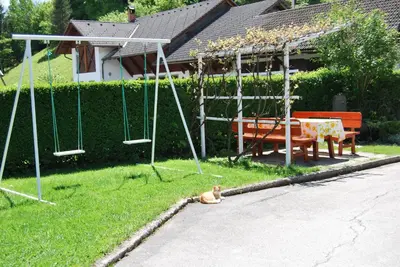 a cat sitting in the grass next to a swing at Apartment Stefelin in Kamna Gorica