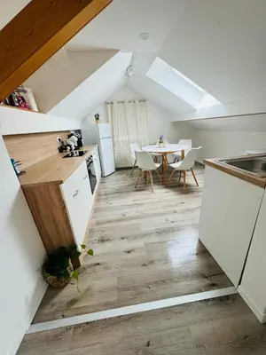 a kitchen and dining room with a table in a attic at Aria apartment in Mošnje