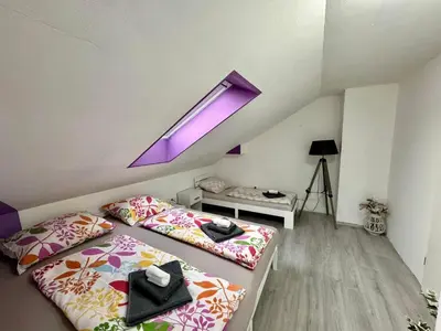 a attic room with two beds and a skylight at Aria apartment in Mošnje