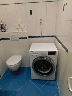 a bathroom with a washing machine and a toilet at CityApartment-Maribor in Maribor
