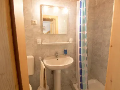 a bathroom with a sink and a mirror at Apartments Orazem in Bled