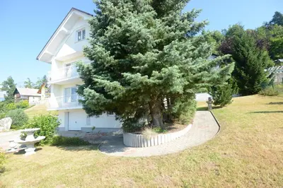 a large pine tree in front of a house at Family Villa Bled in Bled