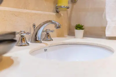a bathroom sink with two faucets and a plant at Casino & Hotel ADMIRAL Skofije in Zgornje Škofije