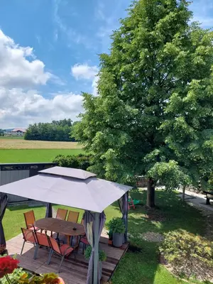 a picnic table with a white umbrella and a tree at Apartma Žirovnik in Cerklje na Gorenjskem