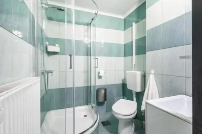 a bathroom with a toilet and a glass shower at Apartments Orel in Mozirje