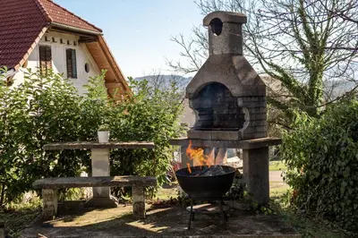 a stone oven and a fire pit in a yard at Apartments Orel in Mozirje