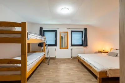 a bedroom with a bunk bed and two windows at Apartments Orel in Mozirje