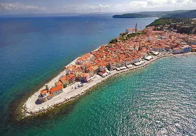 an aerial view of a small island in the water at PR`Cajhn in Radovljica