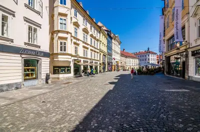 a cobblestone street in a city with buildings at Elegant Central Apartment in Ljubljana