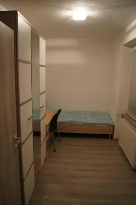 a small room with a bed and a desk at Domas RD Apartment in Ljubljana