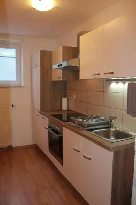 a kitchen with a sink and a stove and a refrigerator at Alpes in Radovljica