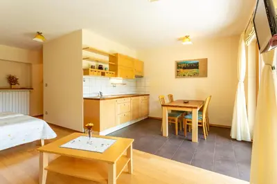 a room with a bed and a table and a kitchen at Posestvo Laz - The Laz Estate in Voglarji