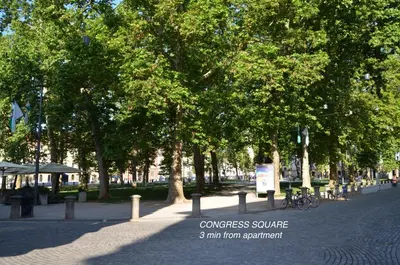 a group of trees in a park next to a street at i Design Apartment in Ljubljana
