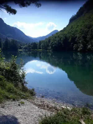 a view of a lake in the mountains at Apartment Mojca near Bled in Zabreznica