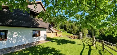 a house with a yard next to a fence at Holiday house Žvan na Pokljuki in Bohinj