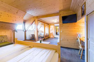 a small room with a bed and a tv at Penzion Berc in Bled
