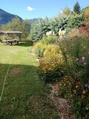 a garden with a picnic table and flowers at Apartment Vida in Bovec