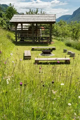a picnic shelter in a field of grass with flowers at Mountain view Glamping in Dovje