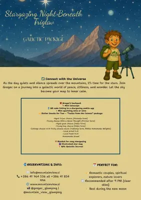 a page of a brochure with a boy with a camera at Mountain view Glamping in Dovje