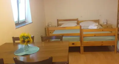 a bedroom with a table and a bed and a table with a vase at Apartment Beautiful Črni Kal in Črni Kal