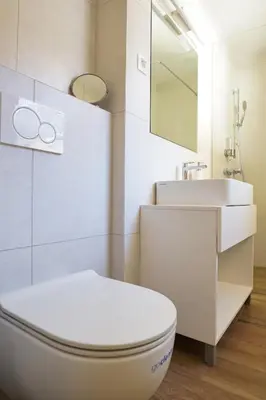 a white bathroom with a toilet and a sink at Holiday Lake in Bled