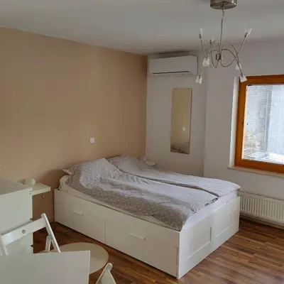 a bedroom with a white bed and a window at Apartment Visak in Bled