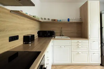 a kitchen with white cabinets and a black appliance at Large Two Bedroom Family APP - free parking in Ljubljana