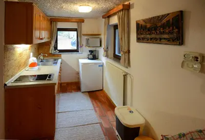 a small kitchen with a sink and a refrigerator at Apartmaji Zupančič in Bohinj