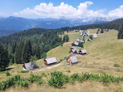 a group of barns on top of a hill at Apartmaji Vesna in Bohinj