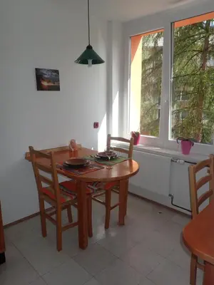 a dining room with a wooden table and chairs at Cozy little nest, Bled region in Jesenice